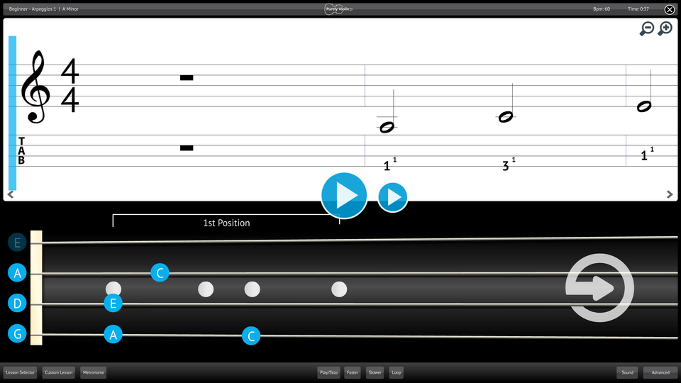 Purely Violin Screenshot Lesson Selector